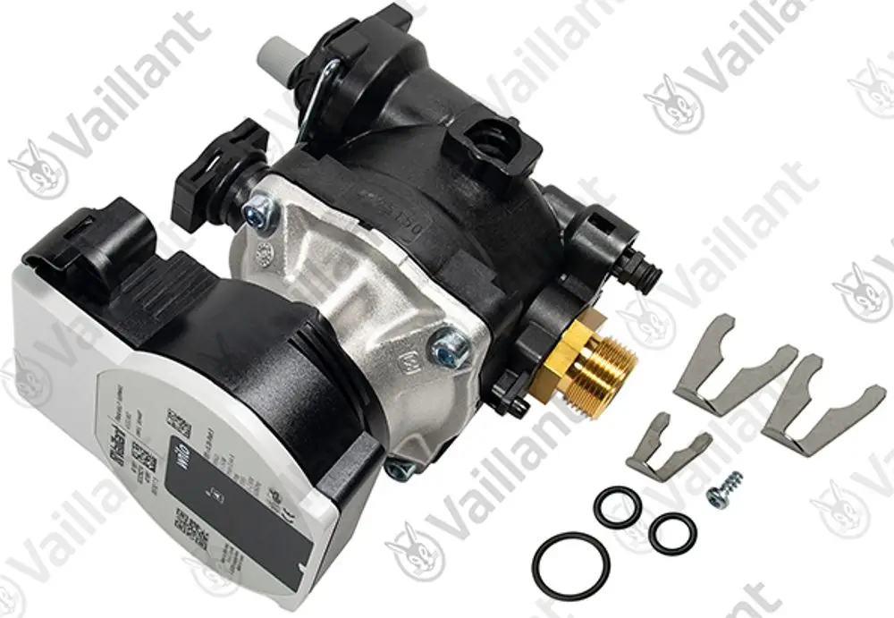 Vaillant-Pumpe mit mehreren Anschlüssen und Zubehörteilen, darunter O-Ringe, Schraube und Halterungen, auf weißem Hintergrund.